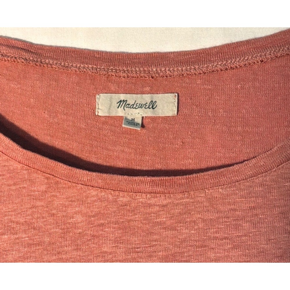 Madewell Womens 100% Linen Peplum Ruffle Hem Short Sleeve Top Pink M F4462 - Picture 2 of 6